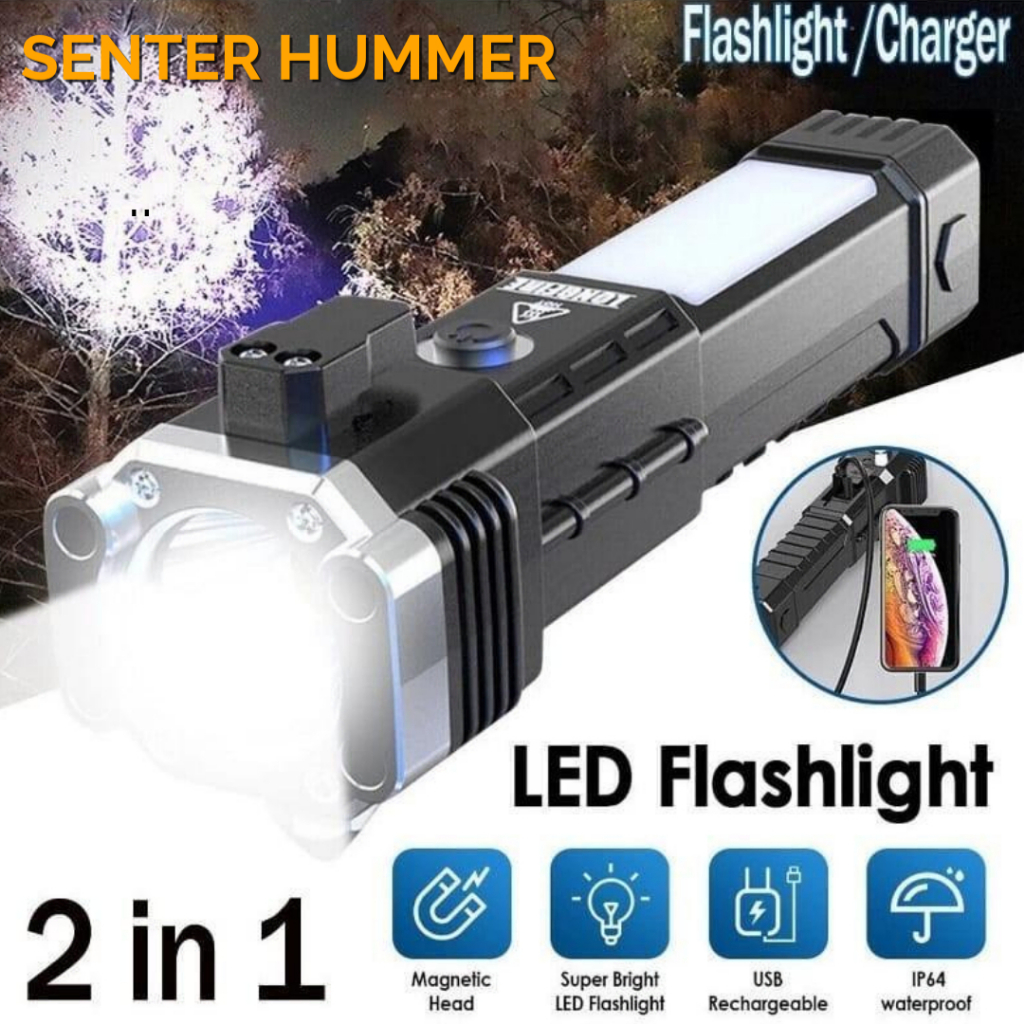 ( PALU ) SENTER LED MULTIFUNGSI HAMMER EMERGENCY PLUS 4 MAGNET / SENTER CAS USB / EMERGENCY FLASHLIG