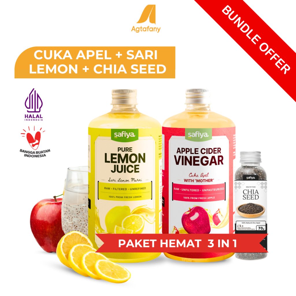 

[Paket Hemat 3 in 1] Sari Lemon + Cuka Apel + Chia Seed Safiya | Bundling Diet Sehat Minuman Detoks Pure 100% Murni Alami