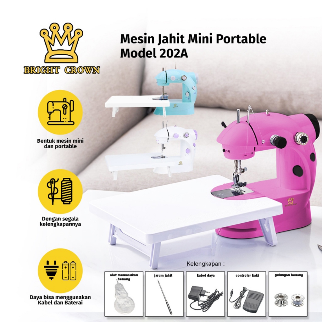 Bright Crown Terbaru Mesin Jahit Mini Portable 202A Mesin Jahit Multifungsi + Lampu Malam Rapi&Kokoh