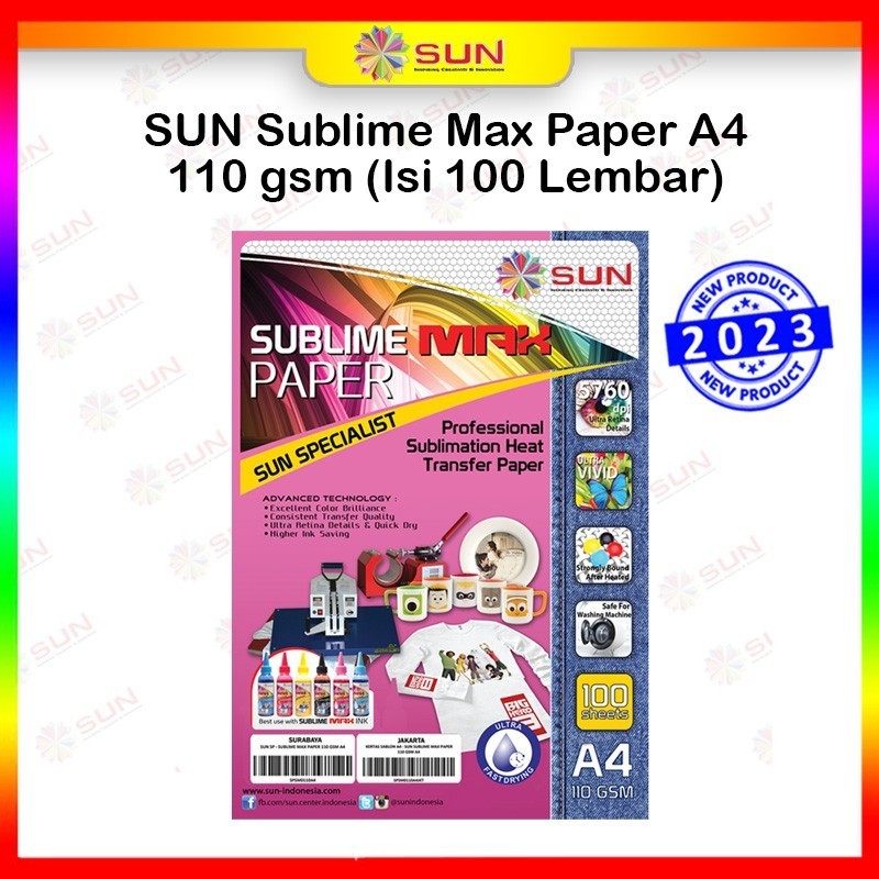 

Kertas Sablon Sublim Transfer Paper - SUN SUblime Max Paper / Colourlife Sublime Paper A4 / F4 / A3 isi 100 Lembar