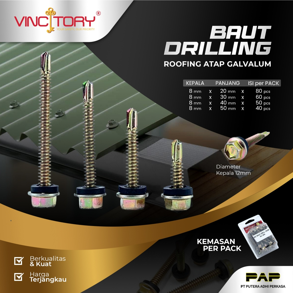 Vincitory Baut Drilling Rofing Atap Galvalum ukuran 12x20, 12x30, 12x40, 12x50 Ada Karet Baut Baja R