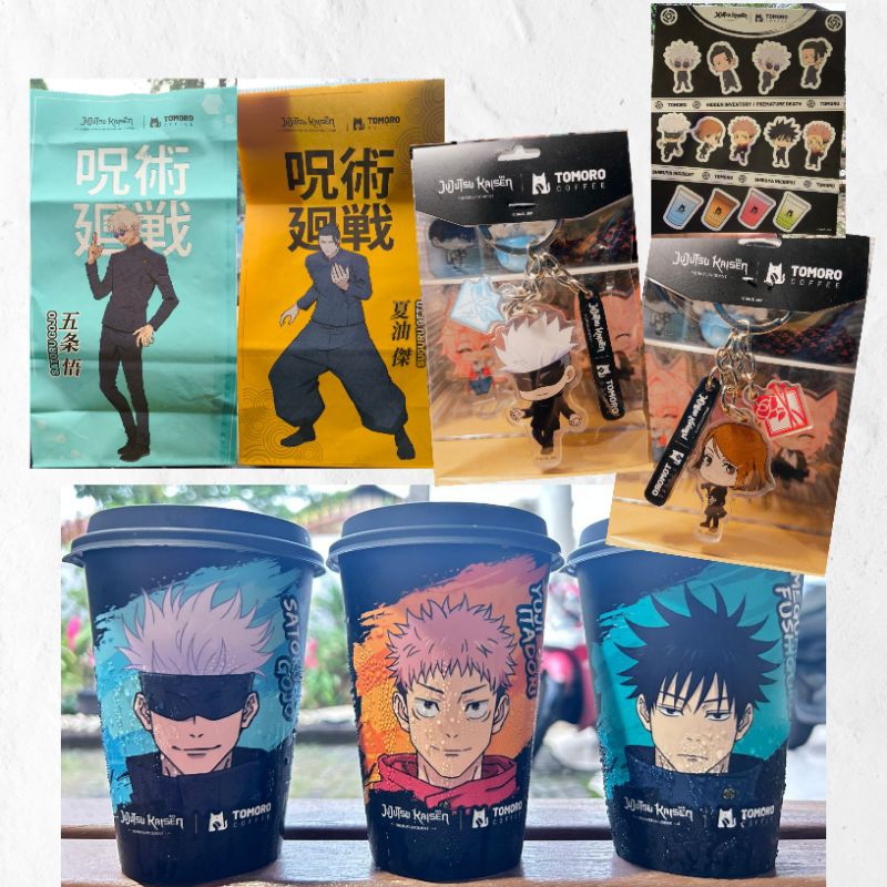 Various merch and things Tomoro x Jujutsu Kaisen (JJK), Cup Character, Paper Bag Gojo-Geto, Keychain