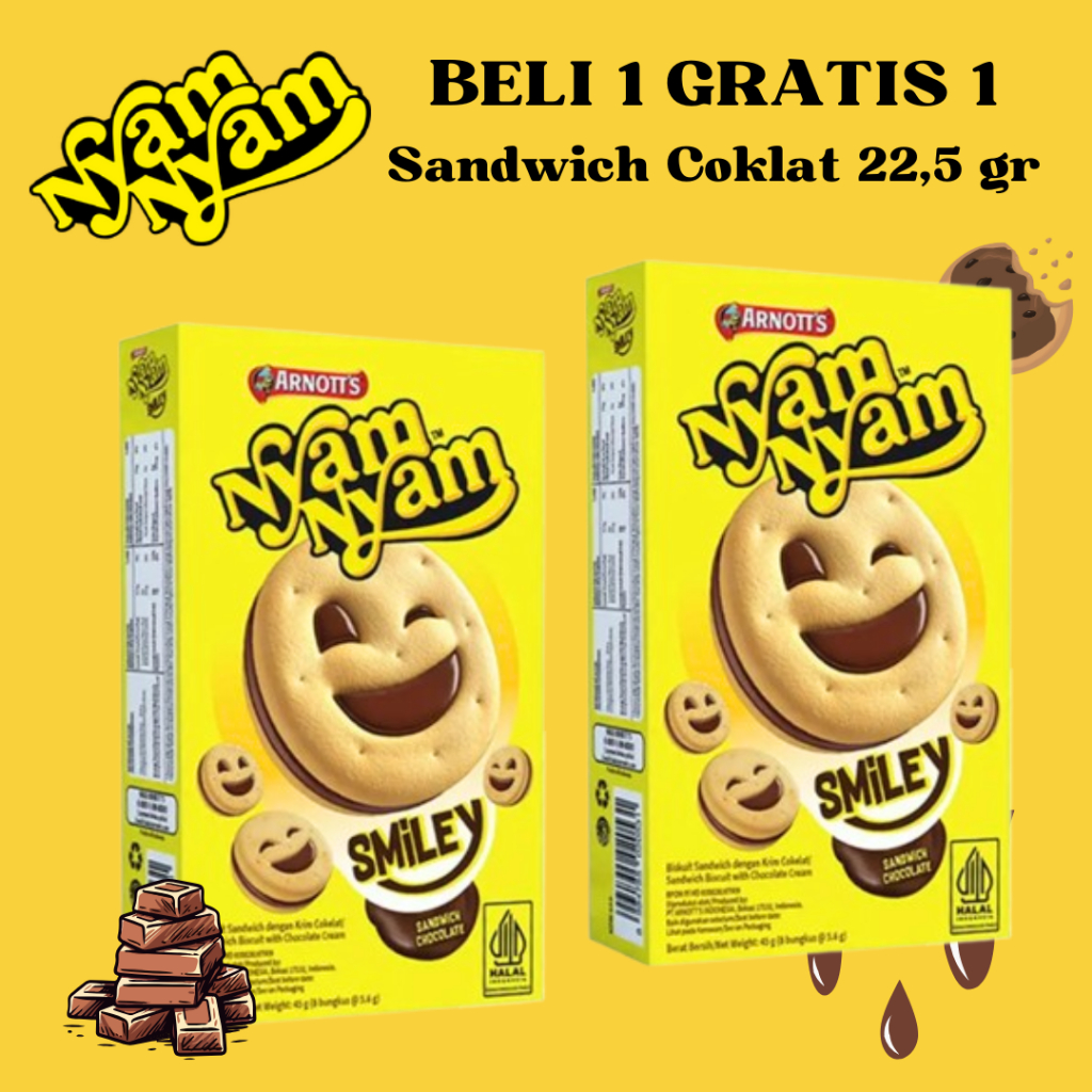 

PROMO BUY 1 GET 1 FREE - Nyam Nyam Smiley 22,5 gr - Biskuit Isi Coklat Lezat