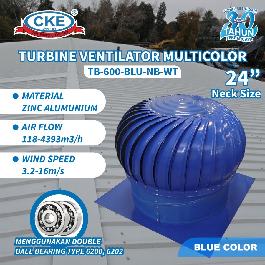 Turbin Ventilator Multicolor 24 Inch Blue Color TB-600-BLU-NB-WT Ventilasi Atap Rumah Gedung Pabrik 