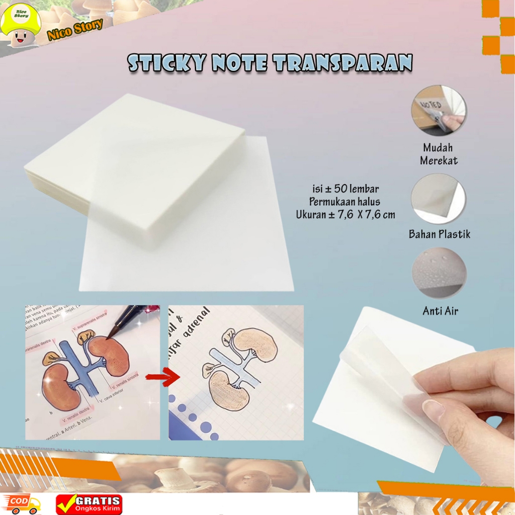 

(NCS) Sticky Note Transparan Tahan Air - Stiky Notes 50 Lembar Untuk Gambar Sains Catatan Tempel Bening Tempelan Waterproof Clear Stiki Note Pad Best Stationary Note Pelajar