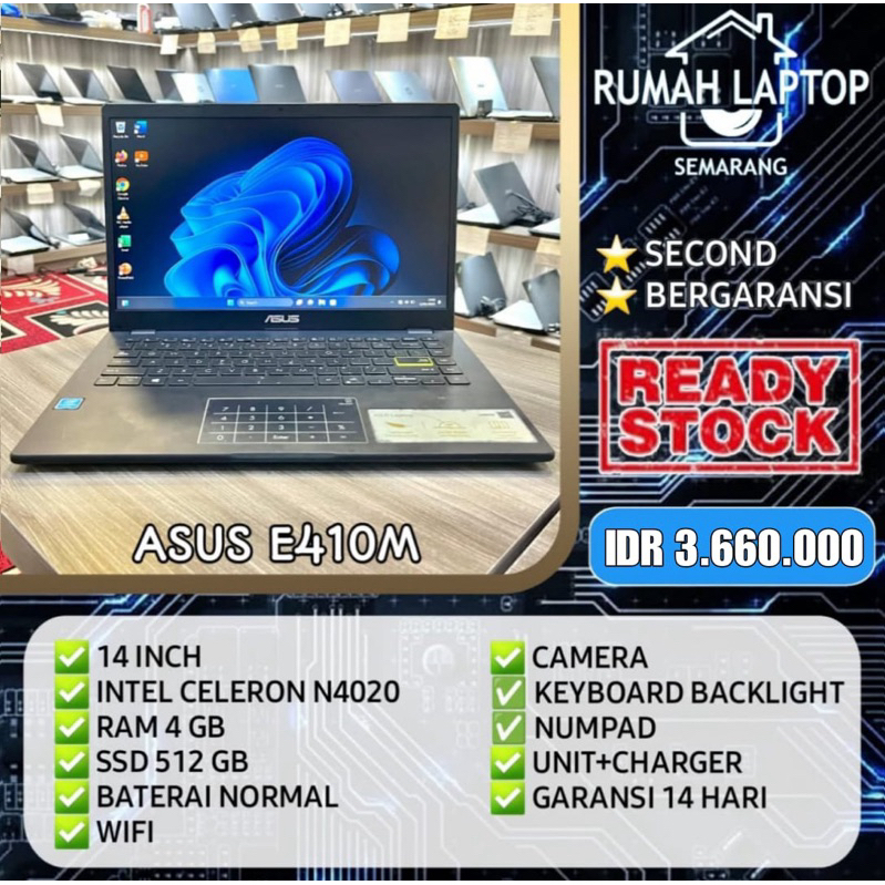 Laptop Asus E410M (second). Intel Celeron N4020. RAM 4 GB. SSD 512 GB. Keyboard Backlight