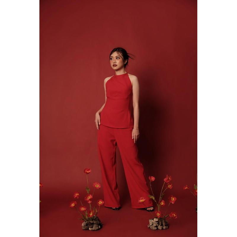 TripleV.label | Lyla Set in Red | Atasan Sleeveless Wanita | Celana Panjang Wanita