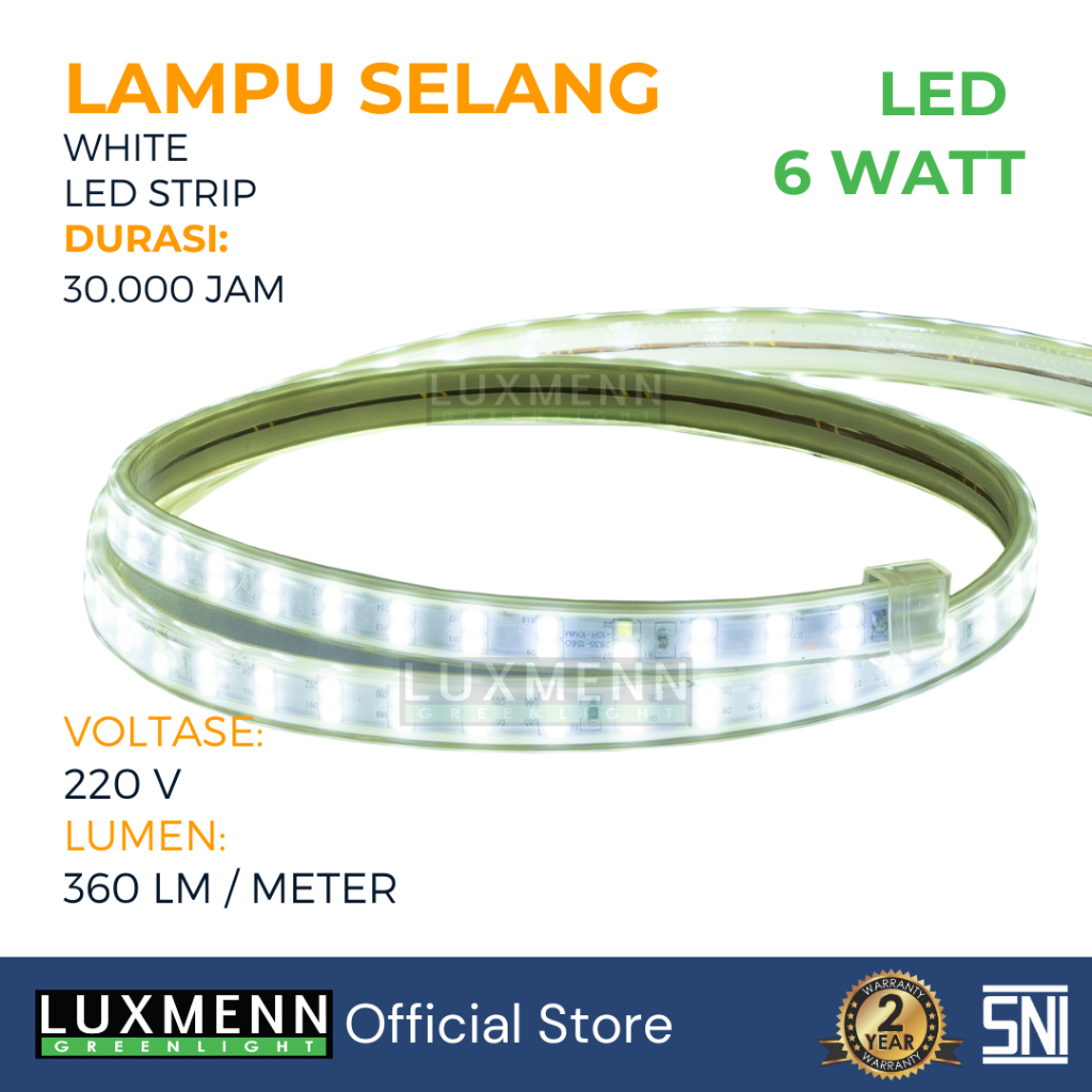 Luxmenn LED Lampu Selang 5050 220V, Seri SL2/6W, 6W/M, White