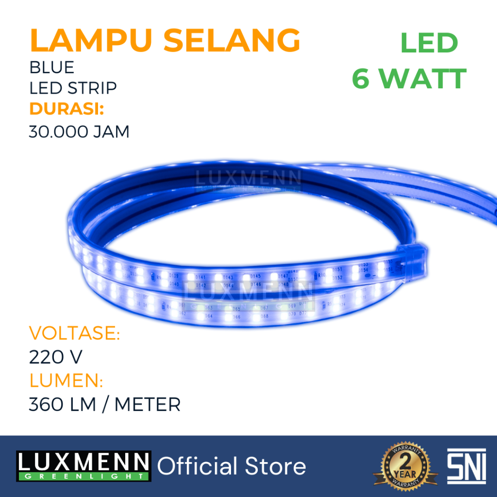 Luxmenn LED Lampu Selang 5050 220V, Seri SL2/6W, 6W/M, Blue