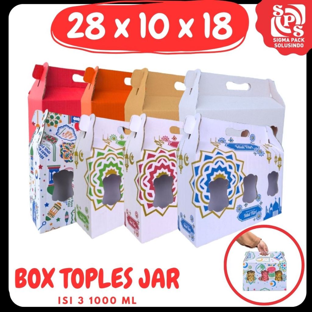 

Box Kuker 28x10x18 Jinjing (KUKER TOPLES JAR 1000ml Isi 3) Kardus Kue Kering / Idul Fitri /Hampers / Lebaran / Gable Box Polos/Motif