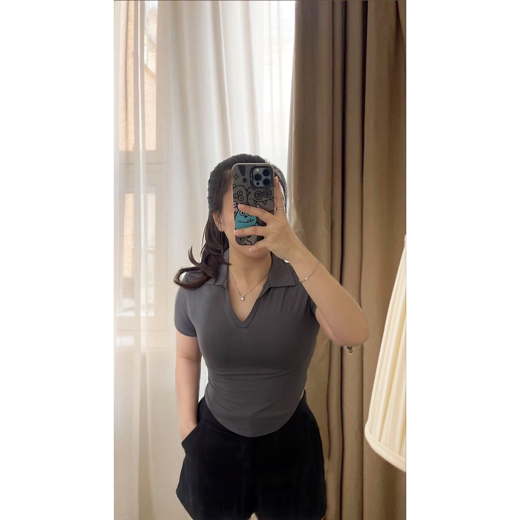 Kaos Kerah Polo Vneck Crop Top Wanita V neck 8001