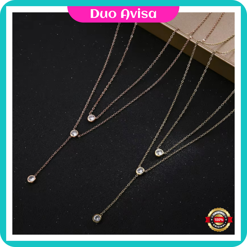 Kalung Perhiasan Emas Titanium Wanita 2 Layer 3 Permata