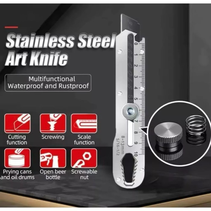 

pisau cutter stainless 9in1 penggaris screw obeng kunci heksagonal wrench pembuka botol 9 in 1 Cutter Stainless Pemotong Kertas Anti Karat BEBY