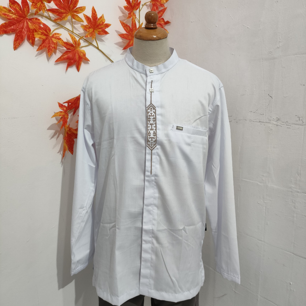 MAXILLO Baju Koko Taqwa Pria Putih Katun Motif Bordir Lengan Panjang WAR20OBL