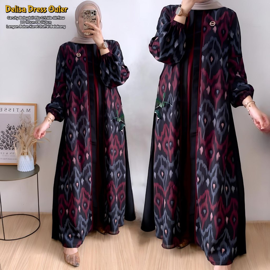 Delisa Dress Outer | Dress Wanita Ceruti Babydoll Mix Crinkle Gamis Terbaru Lengan Balon LD 110 cm