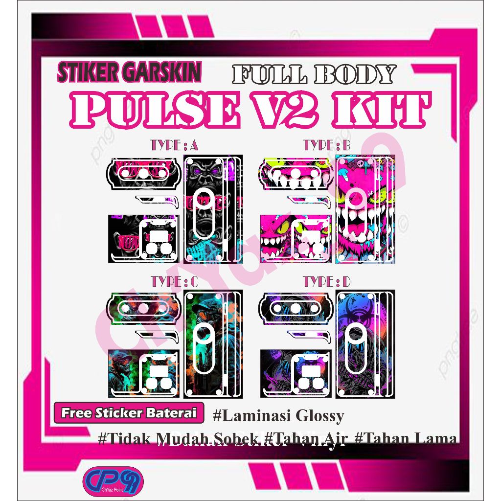 

STICKER GARSKIN FULL BODY BAHAN VINYL +LAMINASI GLOSSY FOR P U L S E V 2 K I T ANTI LUNTUR