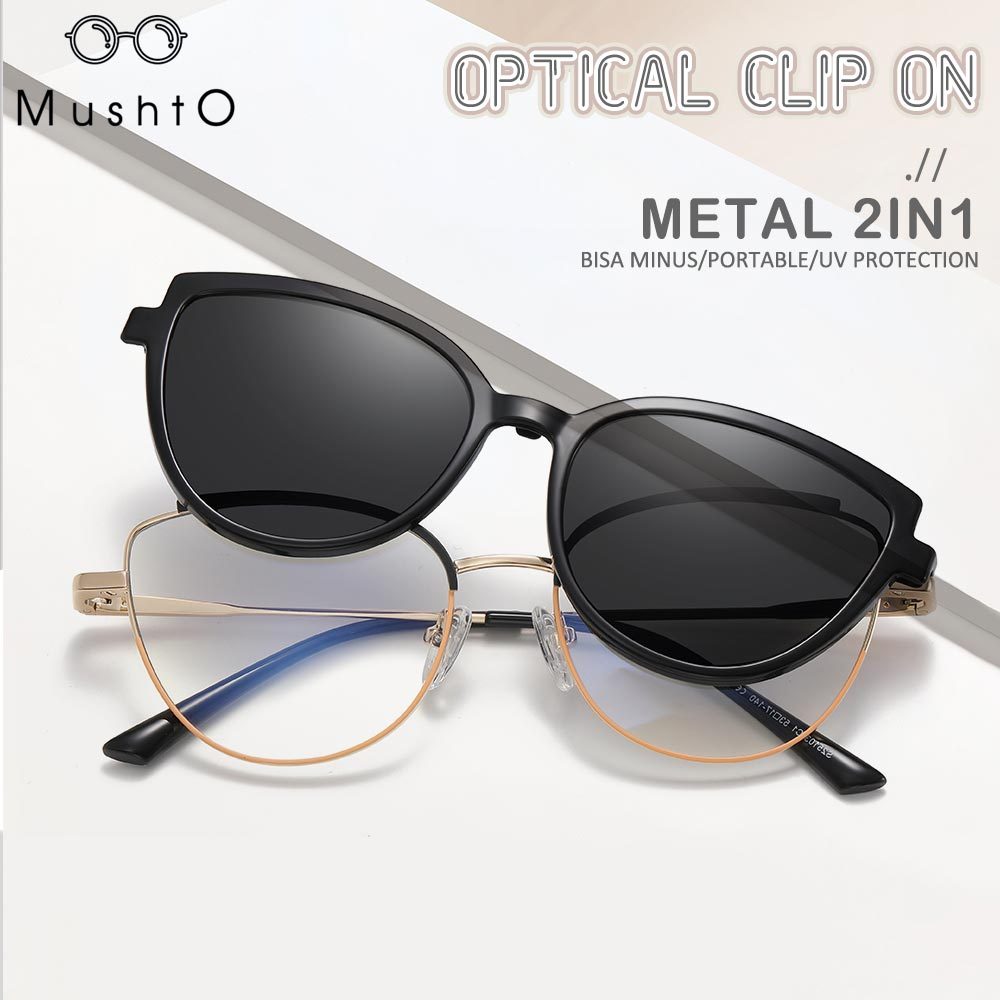 Mushto Kacamata 2in1 Clip On Magnet Free Lensa Polarized Wanita Style Cat Eye Kekinian Metal Bisa Mi