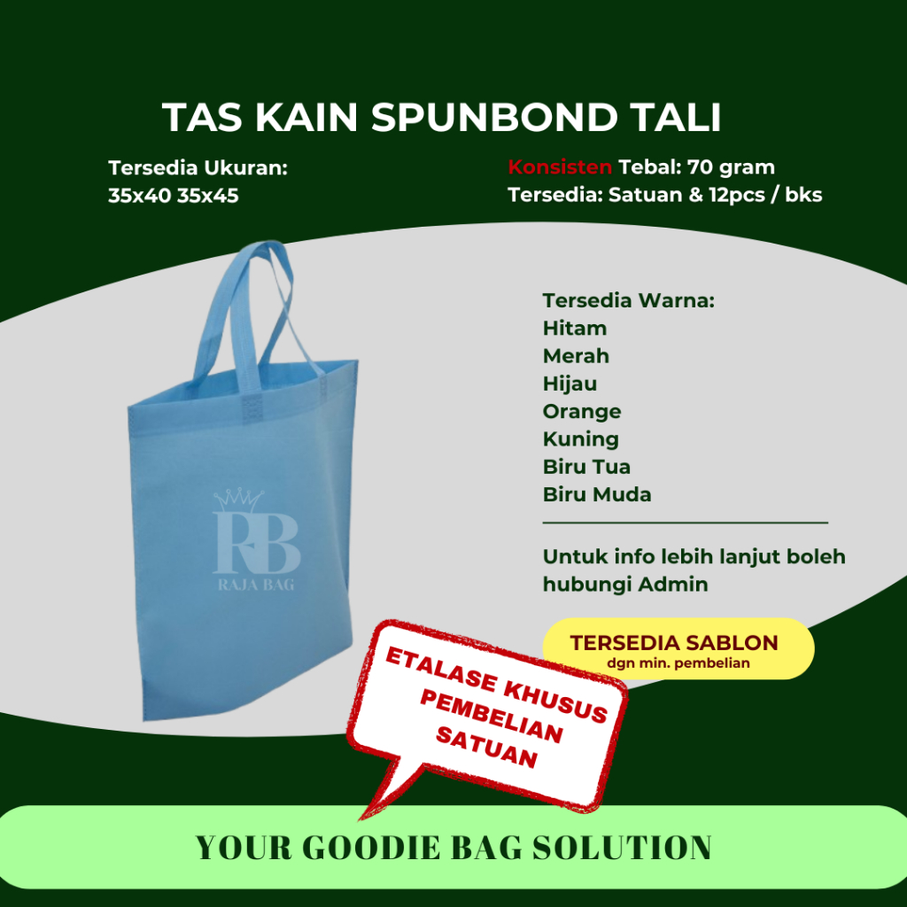 

Goodie Bag Tas Belanja Spunbond Model SatuanTALI REAL 70GSM Ukuran 35x40 35x45 Kantong Kain Souvenir