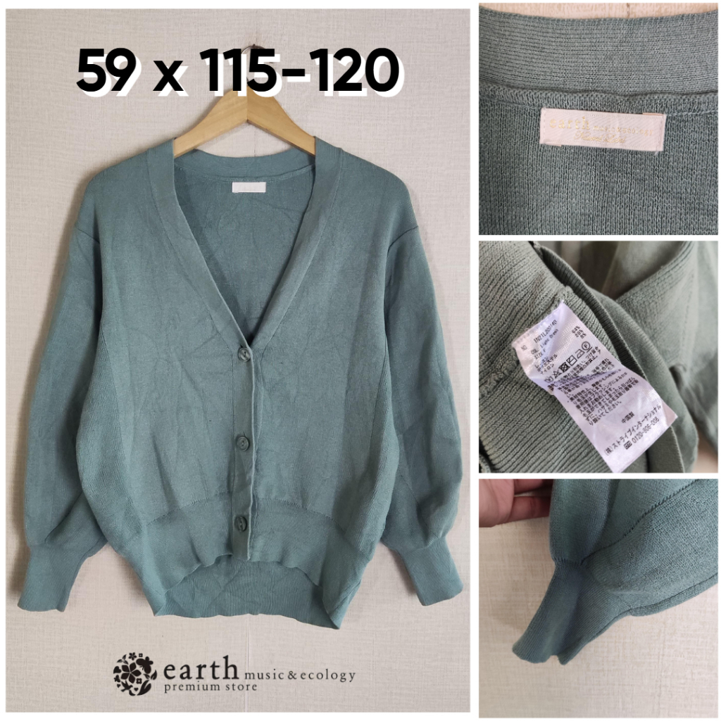 Cardigan Tebal Earth Music & Ecology Light Green Hijau V Neck Size L Wanita Atasan Cewek Outer Knit 