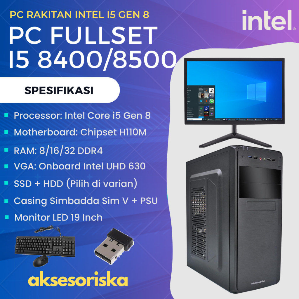 PAKET LENGKAP PC RAKITAN KOMPUTER KANTOR Intel Core i5 8500 MONITOR LED 19" PC Rakitan i5 Gen 8 Full