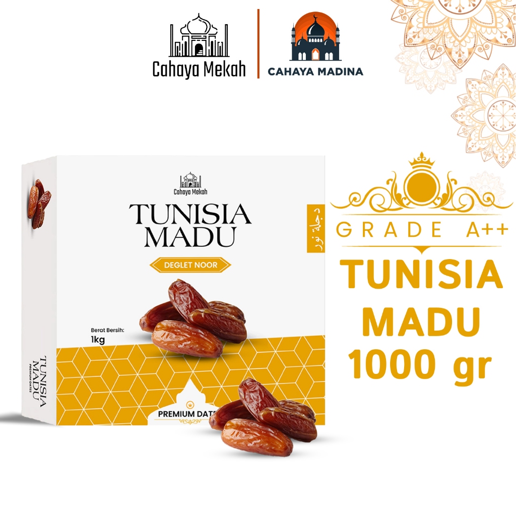 

Cahaya Mekah Kurma Tunisia Madu Premium 1kg Box Deglet Noor Honey / Kurma Tunisia High Quality