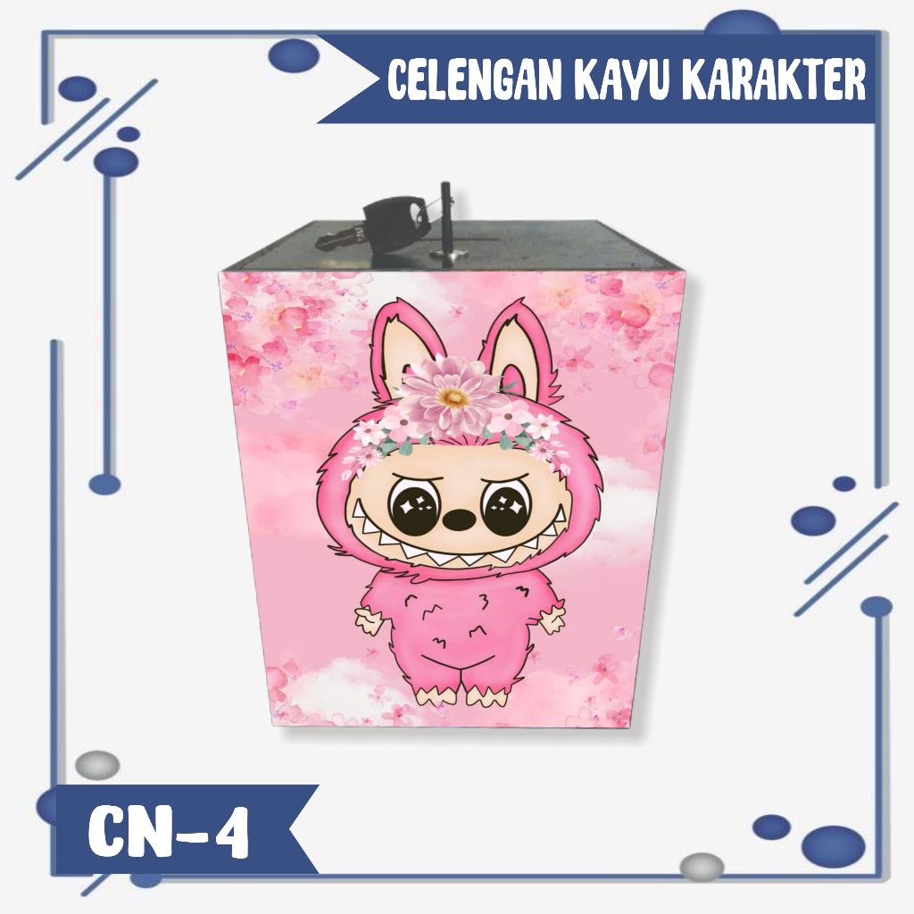Celengan Labubu Karakter Lucu/ Kotak Tabungan Kayu Gembok Kunci Unik