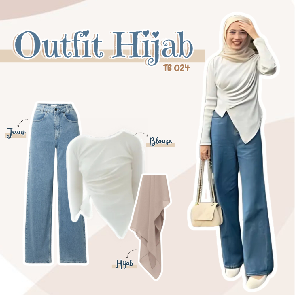 TB 024 | Setelan Baju Wanita Remaja Dewasa | Outfit Hangout | 3 In 1 (Blouse + Jeans + Hijab) | Tren