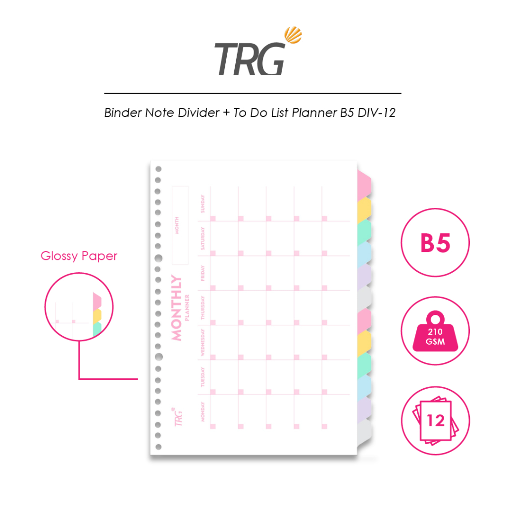 

TRG Pembatas Binder Note Loose Leaf B5 DIV-12 - Monthly Planner To Do List Divider Paper 26 Holes 12 Tab TRG