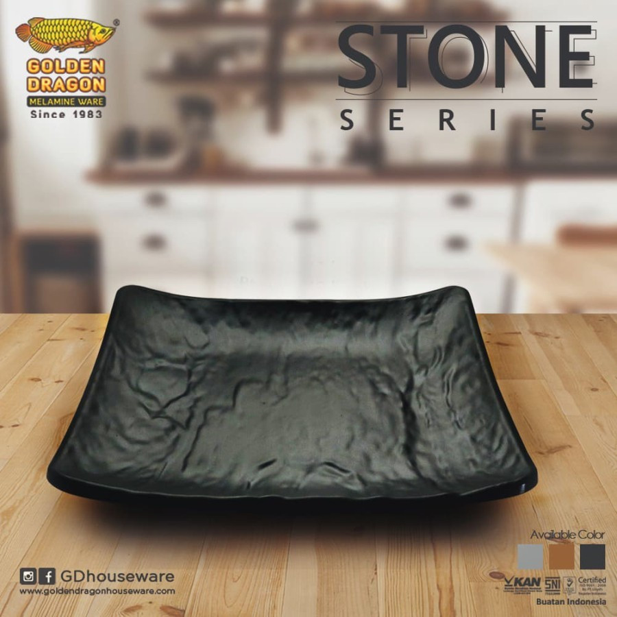 BESAR Piring Kotak Relief Batu 9 inch Melamine Golden Dragon P6909A