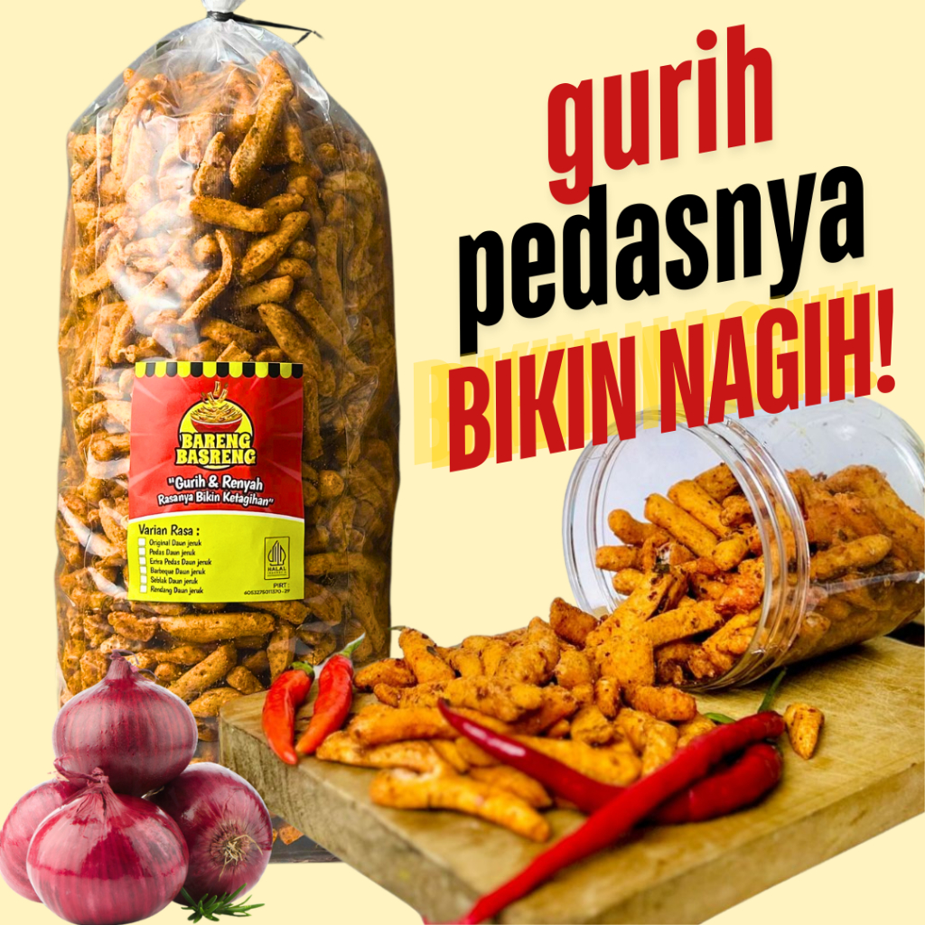 

Camilan Basreng 2kg 1 kg Original Extra Pedas Gurih Daun Jeruk Renyah Kriuk Baso Goreng Rempah