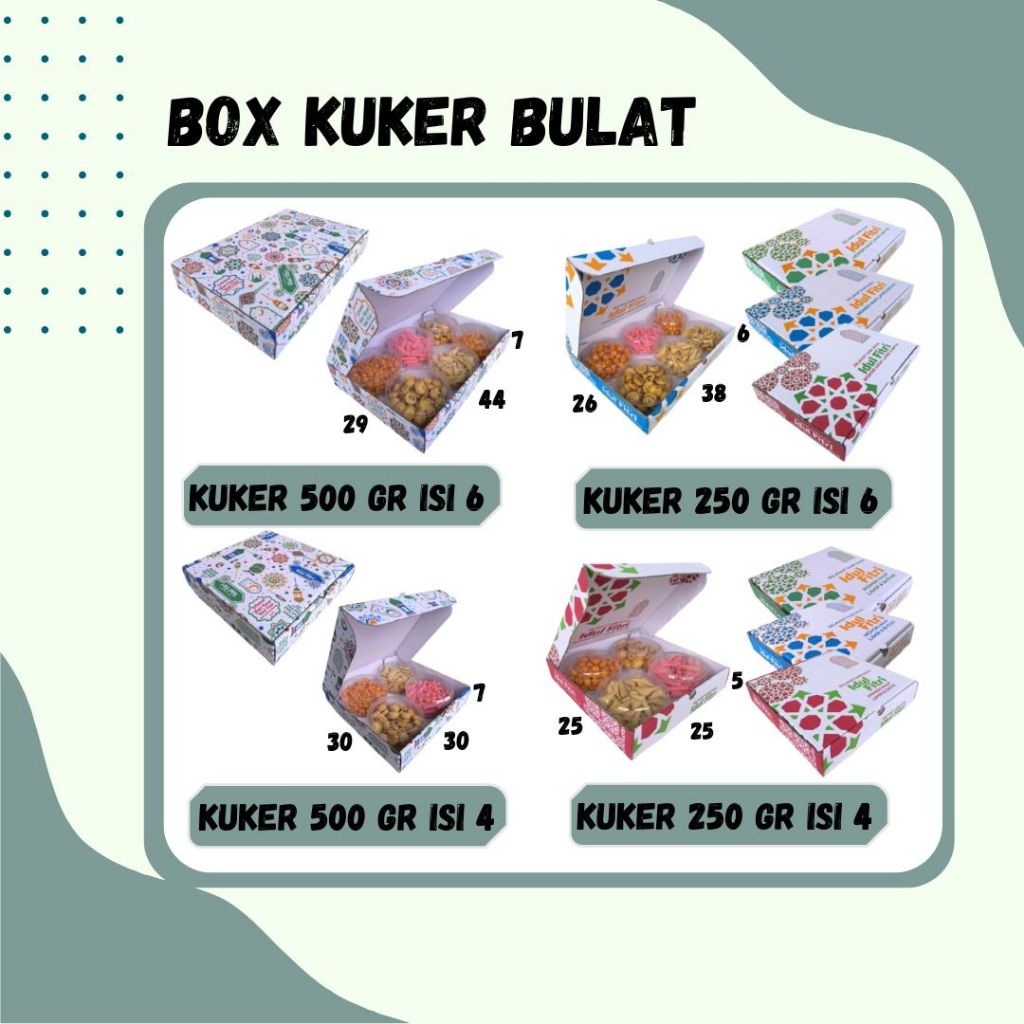 

Box Kue Kering Bulat 250gr/500gr Isi 4/6 44x29x7 / 30x30x7 / 38x26x6 / 25x25x5 Box Kuker / Kardus Packing Lipat_Depan / Kuker/ Hampers/Oleh oleh/ kue_Kering Idul Fitri Polos/Motif/Ied Mubarak/Lebaran