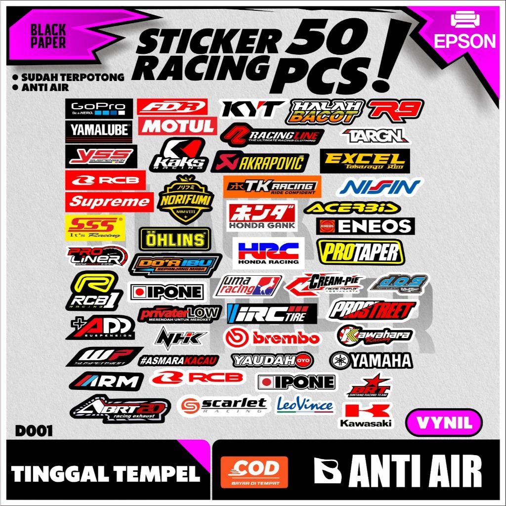 

50 pcs Stiker Pack Stiker Sponsor Motor Racing Sudah Terpotong