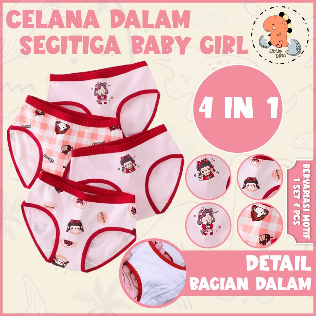Littledino Set 4pcs Celana Dalam Segitiga Anak Perempuan Katun Bayi Baby Girl Cewek CD Fashion Lucu 