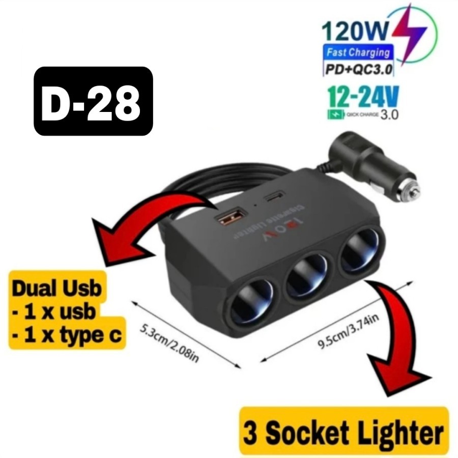 Socket Lighter Mobil Extension 120W USB C Fast Charger QC3.0 Splitter Lighter