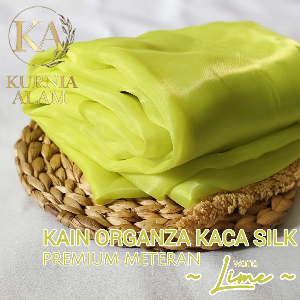 Kain Satin Organza Kaca Silk warna LIME Meteran Premium Bahan Outer Dress Korea Kekinian