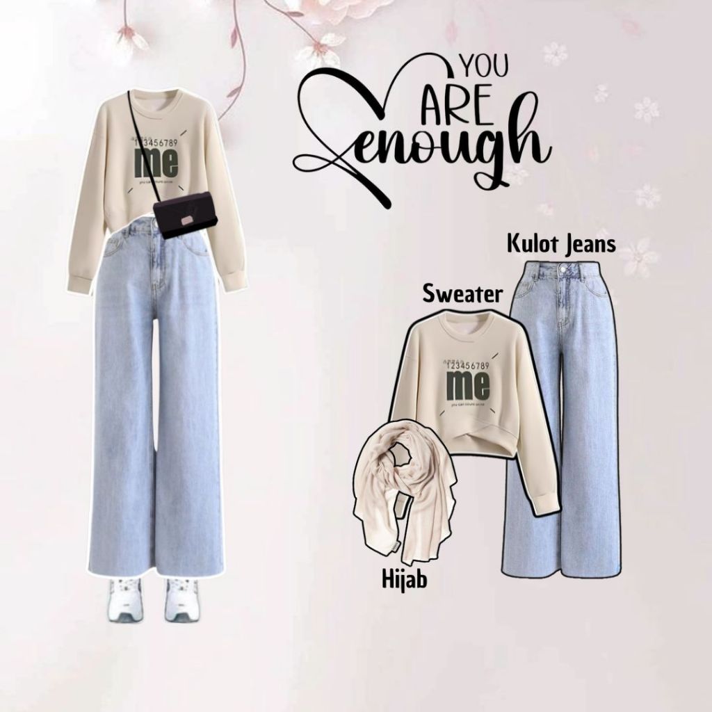 Outfit Wanita Hijab Casual ( Sweater + Kulot Jeans + Hijab ) OOTD Korean Style Kekinian E34