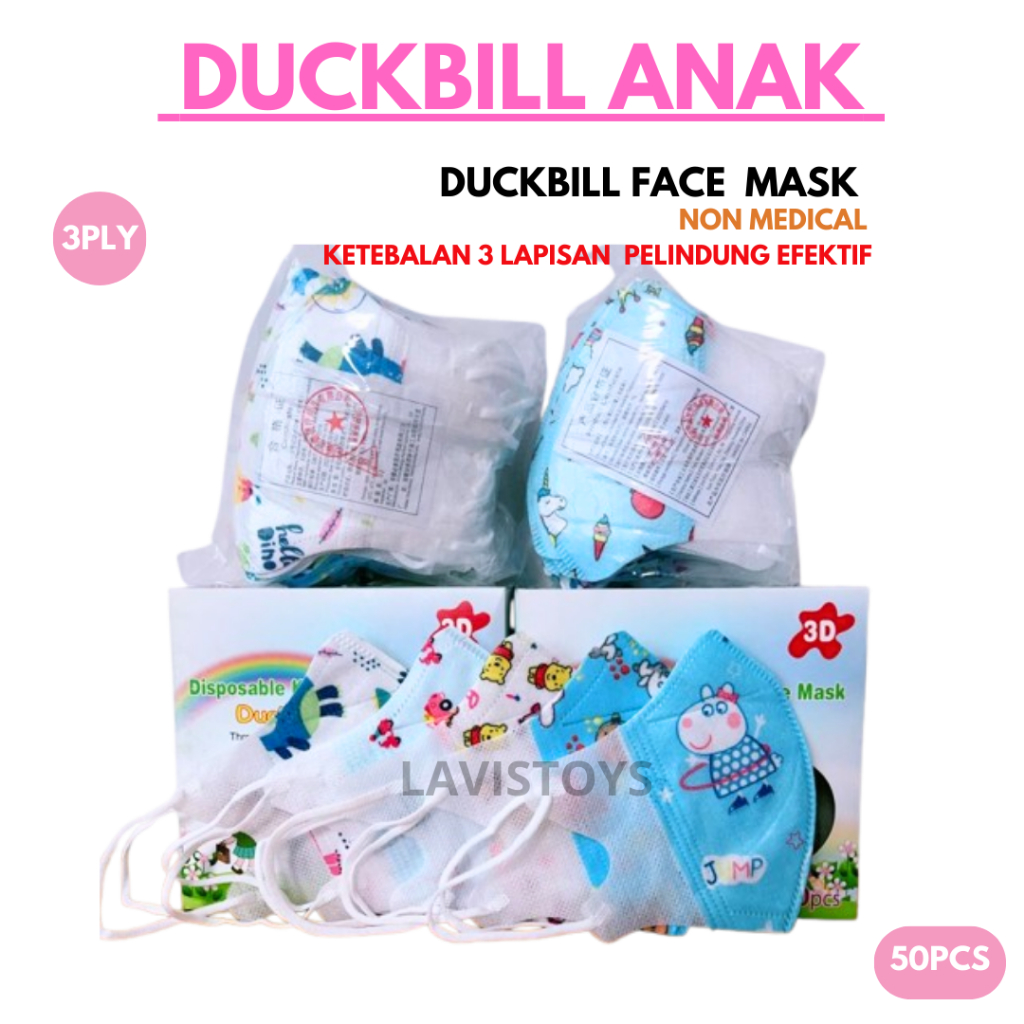 Masker Duckbill Anak Polos  3ply isi 50pc Masker Duckbill Anak motif Polos Warna