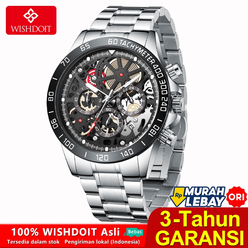 WISHDOIT Jam Tangan Pria Asli Terbaru Anti Air Hitam Baja Tahan Karat Emas Mawar Kepopuleran Bercaha