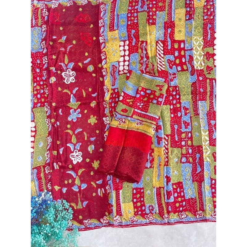kain batik satu set setelan sarung selendang motif khas trusmi cirebon bahan viscose semi sutra fisk