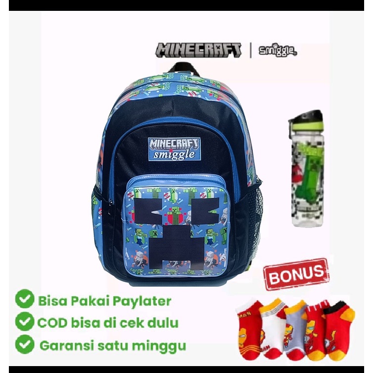 (Bonus Botol Minum dan kaos kaki)@tas@sekolah@perempuan@pria@bergambar@minecraft