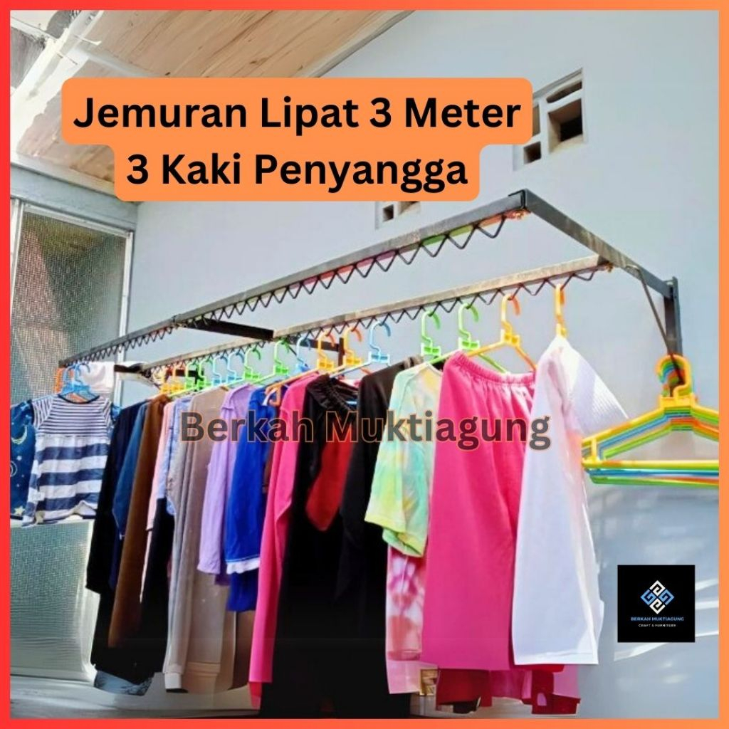 mocafeka - jemuran lipat dinding 3 meter jumbo besi kokoh portabel rak jemuran baju pakaian