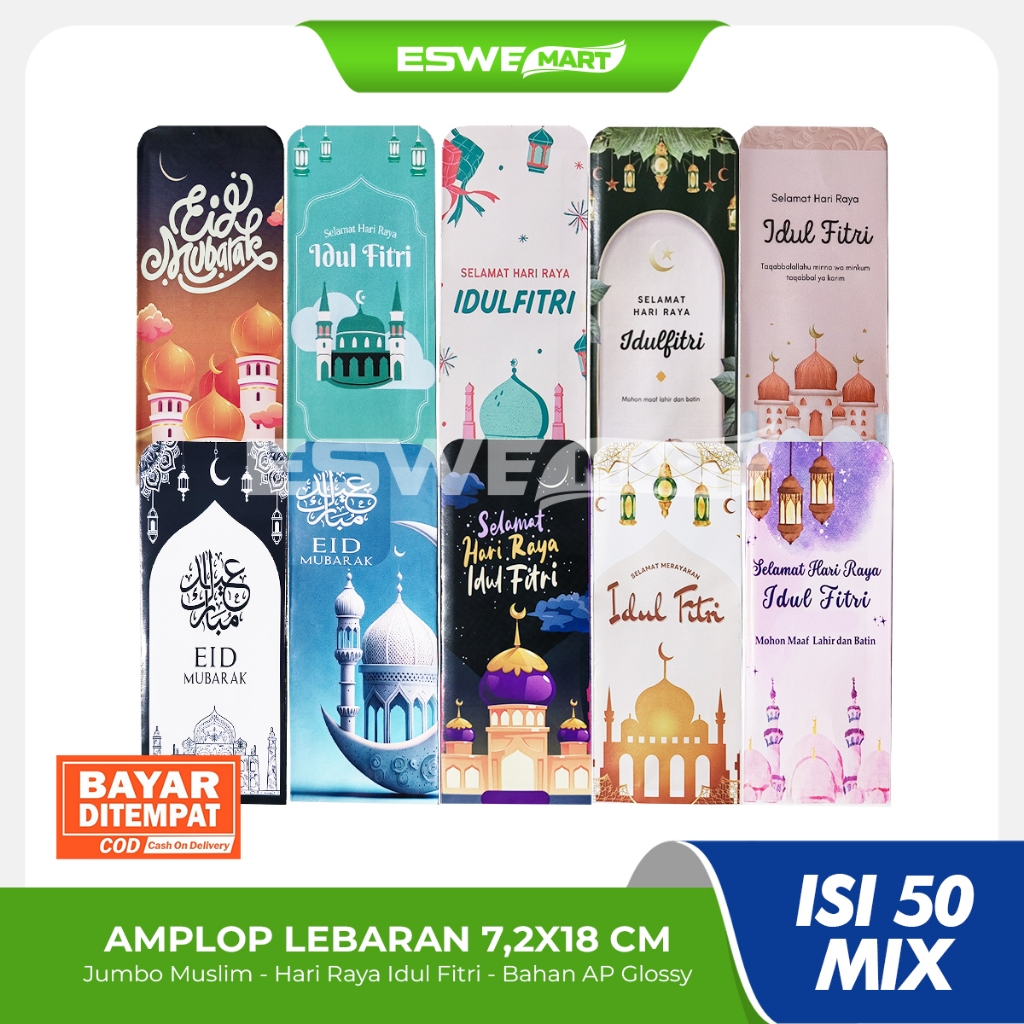 

AMPLOP Lebaran Hari Raya Idul Fitri Jumbo 7,2x18 - 5 Pack isi 50 (MIX)