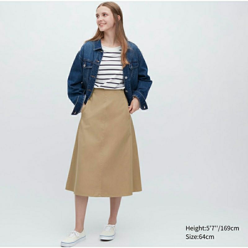(NEW) UNIQLO COTTON FLARE MIDI SKIRT BEIGE ROK KATUN PLISKET COKLAT KOREA ORIGINAL JAPAN