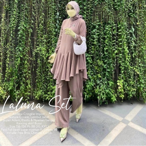 Busana Muslim wanita LALUNA One Set Crinckle Airflow Gamis Set Wanita Jumbo