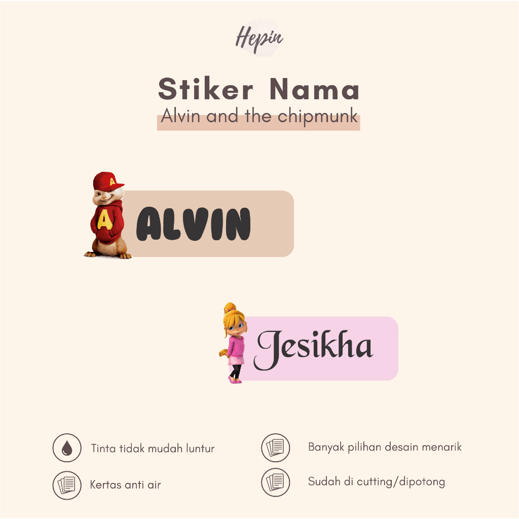 

(90 - 120 pcs) Stiker Cutting nama ALVIN AND THE CHIPMUNK / Stiker Nama Anak Murah / Label Nama Custom