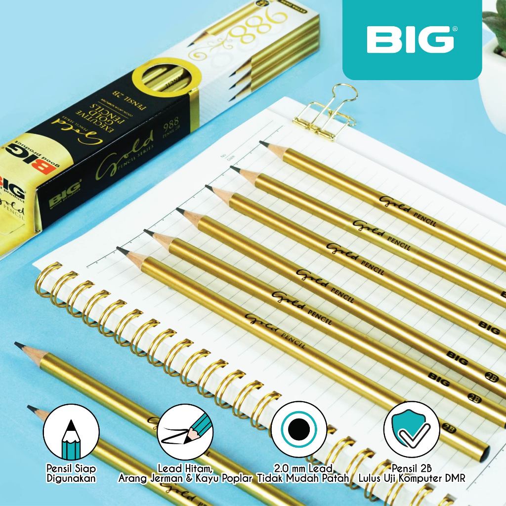 

12 PCS BIG PENSIL 2B STANDAR UJIAN KOMPUTER GOLD LEBIH ELEGAN GRAPHITE PENCIL EXTRA DARK TANPA RAUT