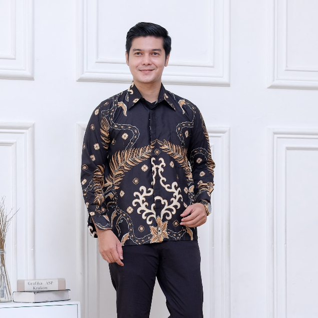 Baju Kemeja Atasan Batik pria Modern Lengan Panjang Terbaru Seragam Katun Jepang Printing Hitam