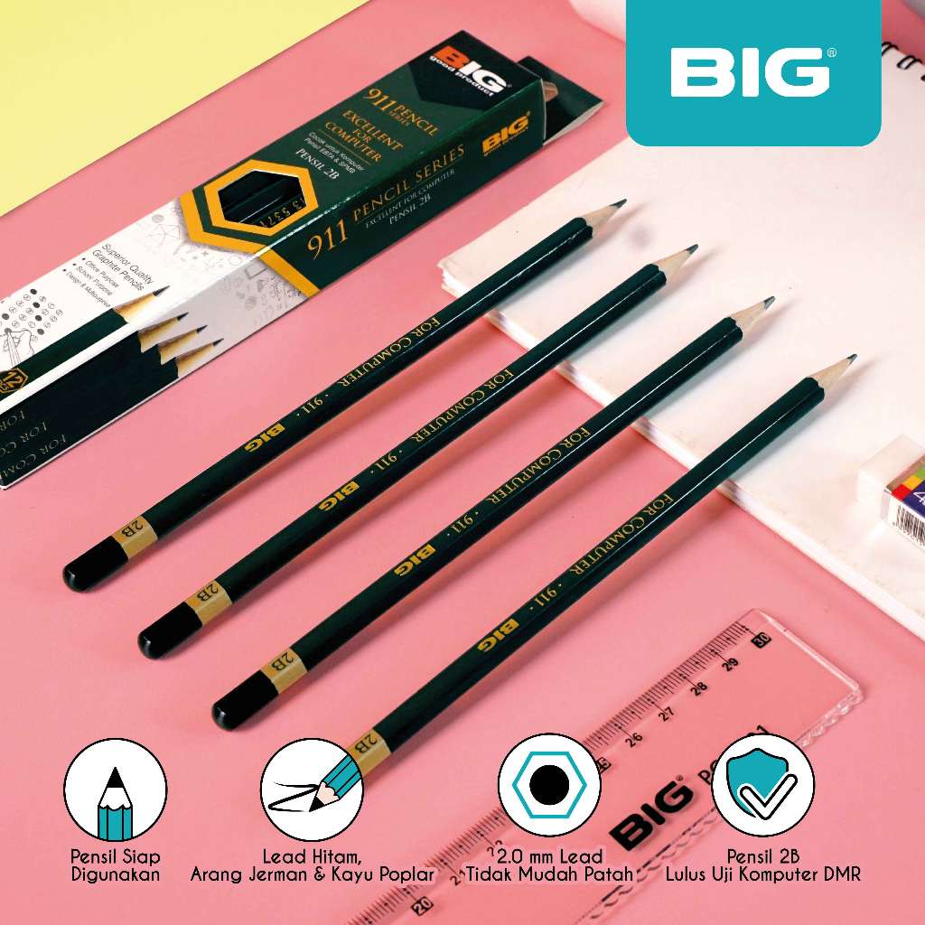 

12 Pcs BIG Pensil 2B Standar Ujian Komputer Graphite Pencil Extra Dark PS-911
