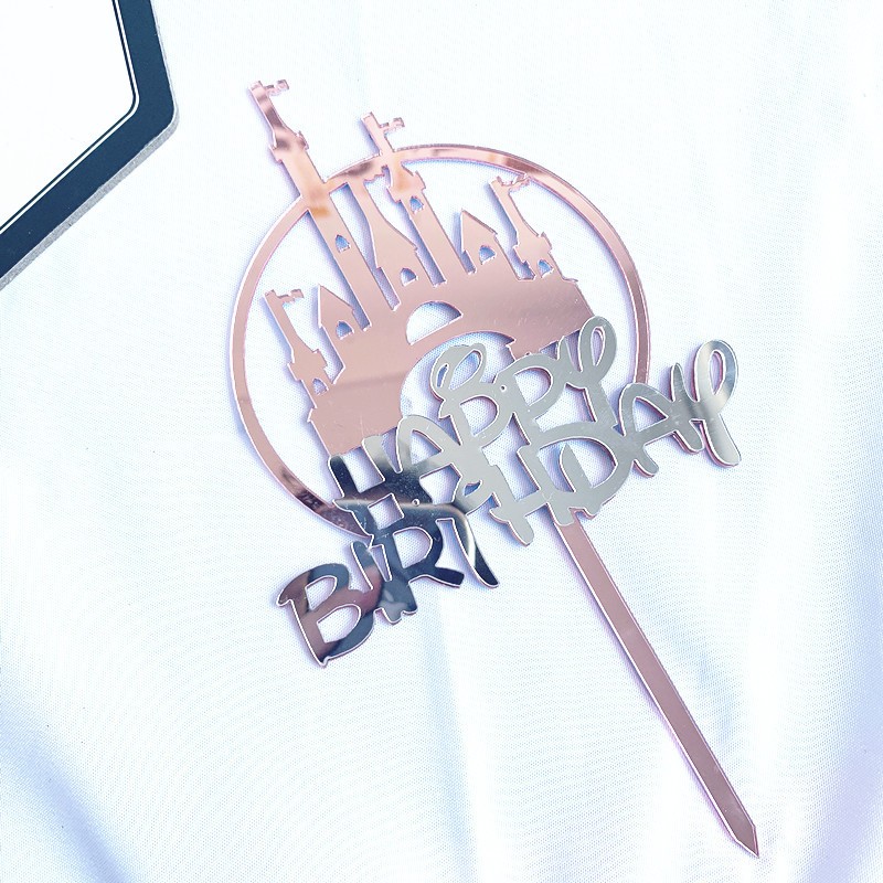 Aurora51 Topper Cake Akrilik Castle Disney dengan Tulisan Happy Birthday 2 Lapis