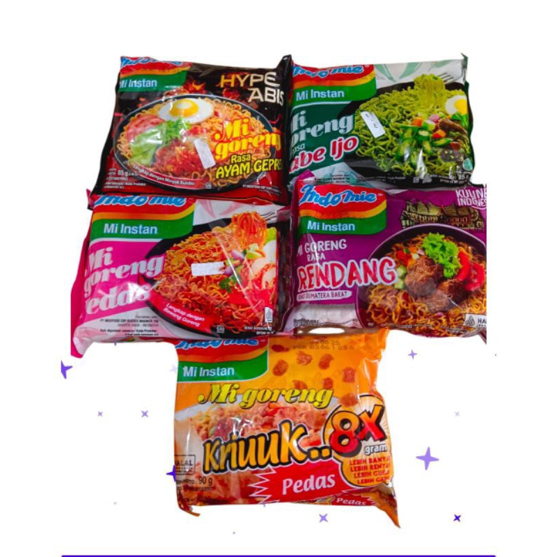 

Indomie mie instan gorengVarianAyam geprek 85grGoreng pedas 79gr Kriuk pedas 90gr Rendang 91gr Cabe ijo 95gr Goreng 85gr Sambal rica 85gr Khas aceh 90gr